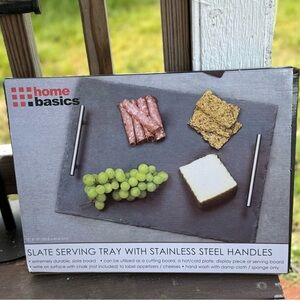 Home Basics Slate Serving Tray with Stainless Steel Handles - NEW